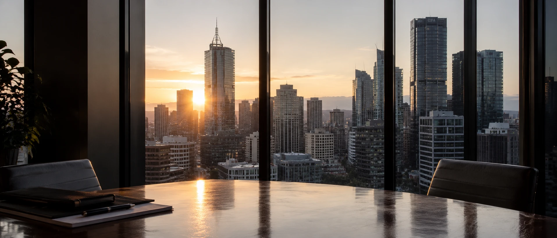 Melbourne CBD skyline at sunset from a boardroom