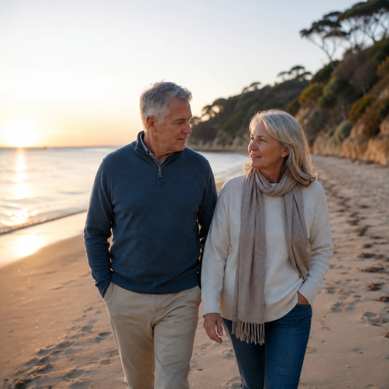 Retired couple walking along an Australian beach at sunset